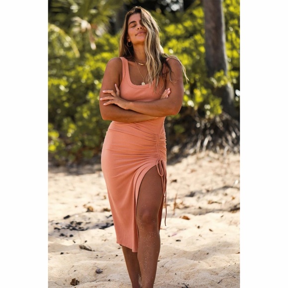 l*space Dresses & Skirts - L*Space Wome’s Sandpiper Maxi Dress Sleeveless Ribbed Side Ruched Putty Orange S